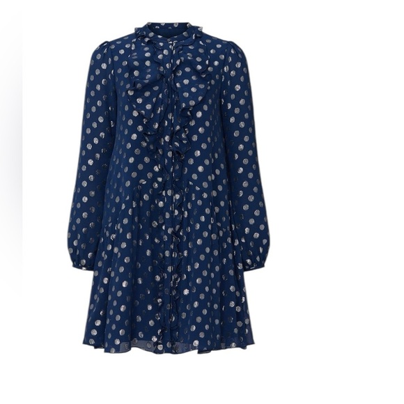 SALONI - Navy Dot Tilly Long Sleeve Ruffle Silk Dress Sz 4 - Picture 2 of 11